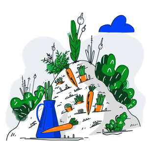 Illustration of a garden with carrots and plants, and a watering can.