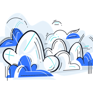 The image is a cartoon-style illustration of blue and white abstract cloud-like shapes.