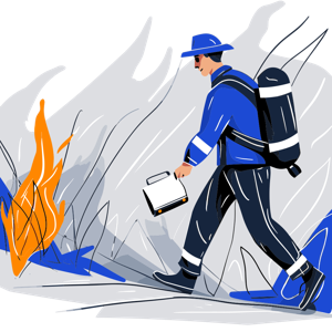The image is a stylized illustration of a firefighter walking towards a fire with equipment.