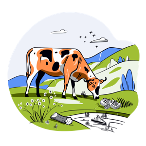 A cartoon illustration of a cow grazing in a field with a broken robot in the foreground and rolling hills in the background.