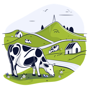 Illustration of a cow in a field with hills, other cows, and farm buildings in the background.