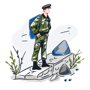 Illustration of a soldier standing on a rock.