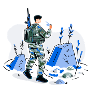 Illustration of a soldier making a silent gesture in a natural environment.