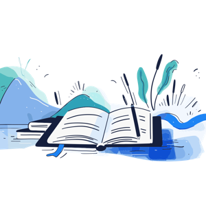 A stylized illustration of an open book with a pen and abstract dynamic background representing creativity or knowledge.