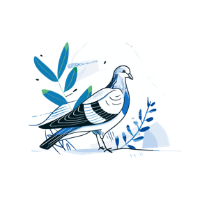 A blue and white illustrated pigeon surrounded by plant motifs.