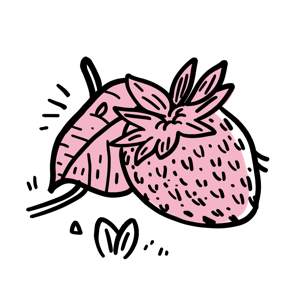 A stylized cartoon illustration of a strawberry with leaves.