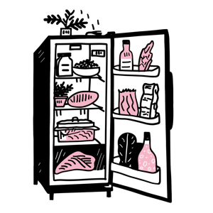 The image is a stylized illustration of an open refrigerator stocked with food.