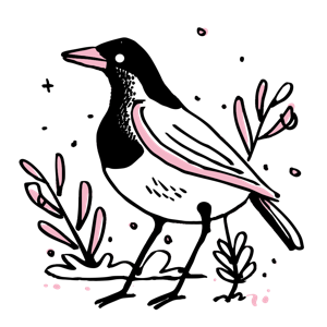 Illustration of a simplified, stylized bird with a pink and black color scheme and abstract plant motifs.