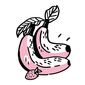 Stylized drawing of ripe bananas with a strawberry.