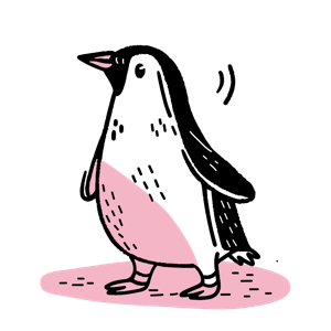 This is a cartoon illustration of a penguin with pink accents.