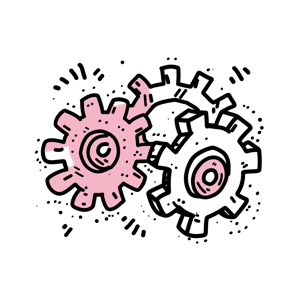Two stylized, interlocking gears, one pink and one grey, suggesting movement and mechanical interaction.