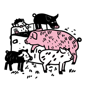 The image shows a playful stack of cartoon pigs in pink and black.