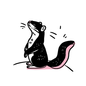 An illustrated black and white ferret with a pink nose and tail details.