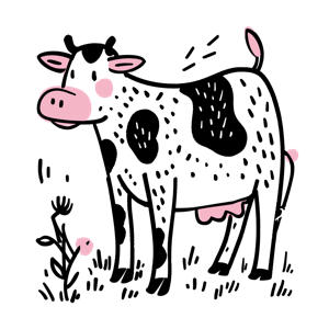 The image is a playful illustration of a cow in a field.