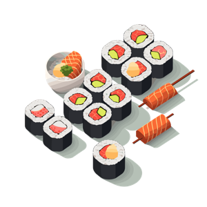 The image depicts a selection of sushi and sashimi.