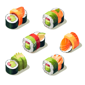 The image shows a variety of illustrated sushi pieces.