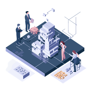 The image shows an isometric illustration of people engaging with futuristic technology and structures on a platform.