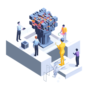 A group of illustrated people are either working on or discussing a complex structure in an isometric workplace setting.