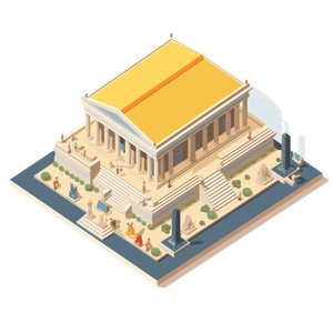 Illustration of an ancient Greek temple with sculptures and people.