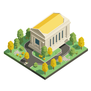An isometric illustration of a classical building with surrounding trees and a path.