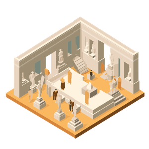 Illustration of an isometric art museum interior with classical statues and visitors.