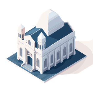 Isometric illustration of a classical building in shades of blue on a white background.