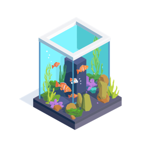 The image is an illustration of a cube-shaped fish tank filled with plants, rocks, and striped fish.
