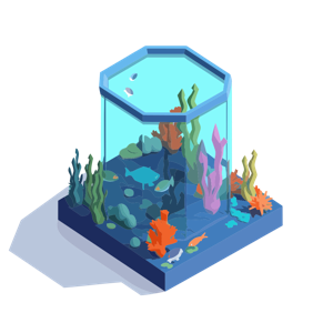 A digital illustration of a hexagon-shaped aquarium with colorful fish, coral, and aquatic plants.