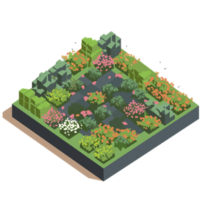 A stylized isometric illustration of a colorful, structured garden.
