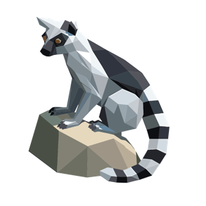 A digital, low-poly rendering of a lemur sitting on a geometric surface.
