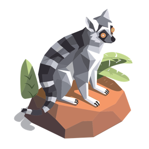Illustration of a geometric lemur on a rock with leaves.