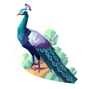 A digital artwork depicting a low-poly peacock with a fanned tail in an abstract environment.