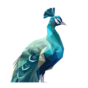 A geometric, low-polygon art style illustration of a peacock.