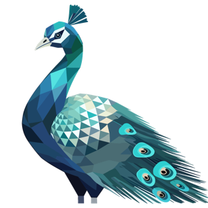 Stylized geometric peacock illustration.