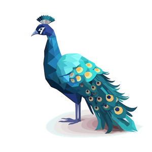 Low-poly art style peacock with colorful plumage on a white background.