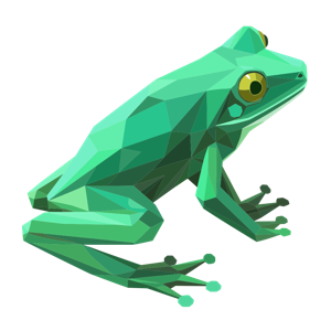 A geometric, digital art style frog.