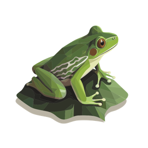 An illustration of a stylized green frog on a leaf.
