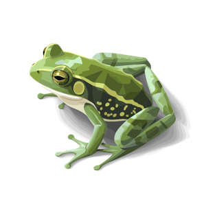 A green frog illustrated with leaf-like patterns and striking golden eyes.