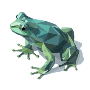 The image shows a low-poly geometric illustration of a green frog.