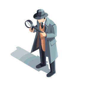 A stylized detective holding a magnifying glass.