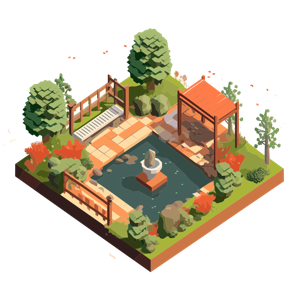 This is an isometric illustration of a beautifully landscaped garden with a pond, fountain, bridge, and seating area.