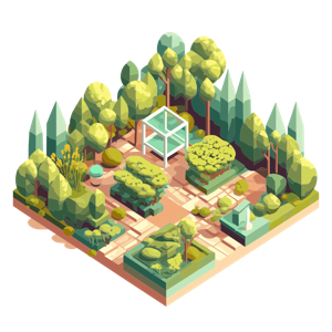 A stylized, isometric illustration of a garden with a gazebo and benches.