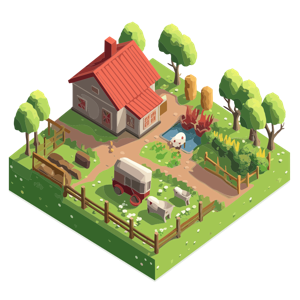 It's a colorful, cartoon illustration of a small farm.