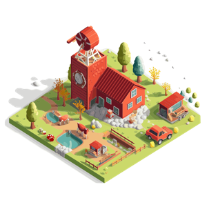 An illustration of a stylized farm with a red barn, vehicles, and animals.