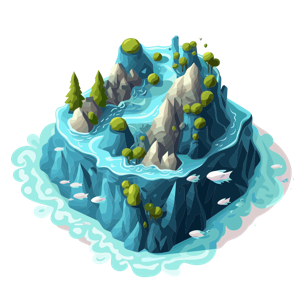 A vibrant, cartoon illustration of a small island with waterfalls, greenery, and fish.
