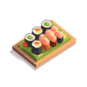 Illustration of a sushi selection on a serving board.