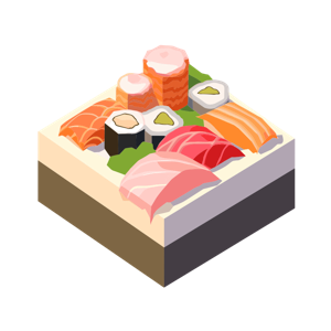 A stylized illustration of a selection of sushi served on a wooden platter.