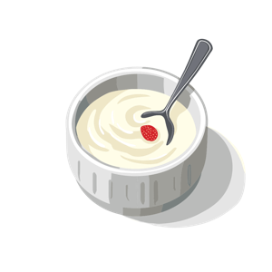 An illustration of a bowl with a creamy dessert and a spoon with a red berry on it.