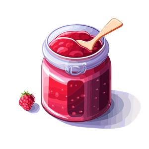 A jar of red jam with a wooden spoon and a strawberry.