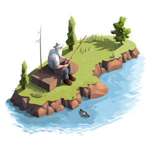 A person is quietly fishing on an isometric island.